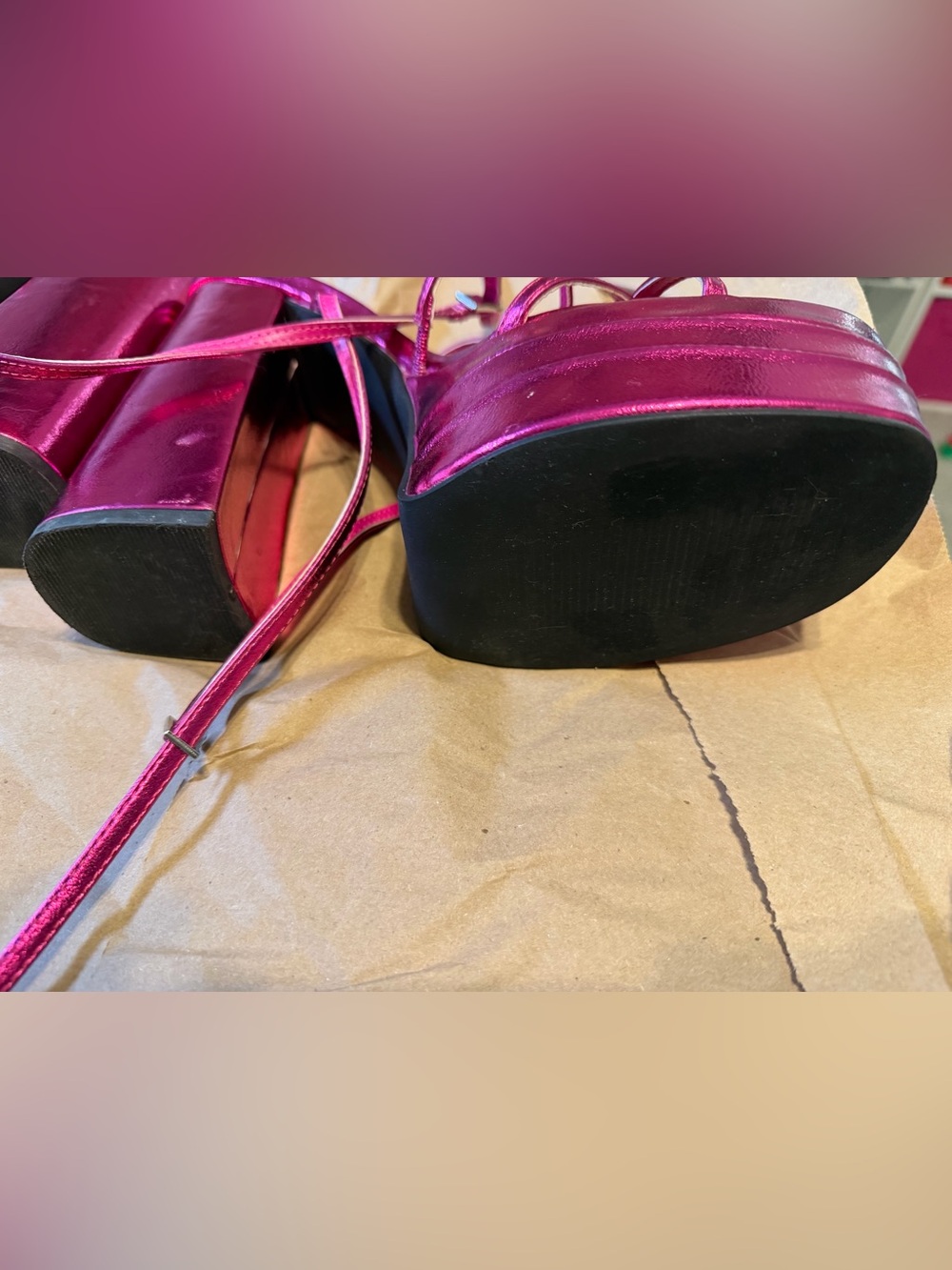 Azalea Wang Metallic Hot Pink Platform Strappy Heels with Wrap Ankle Ties - Picture 4 of 9